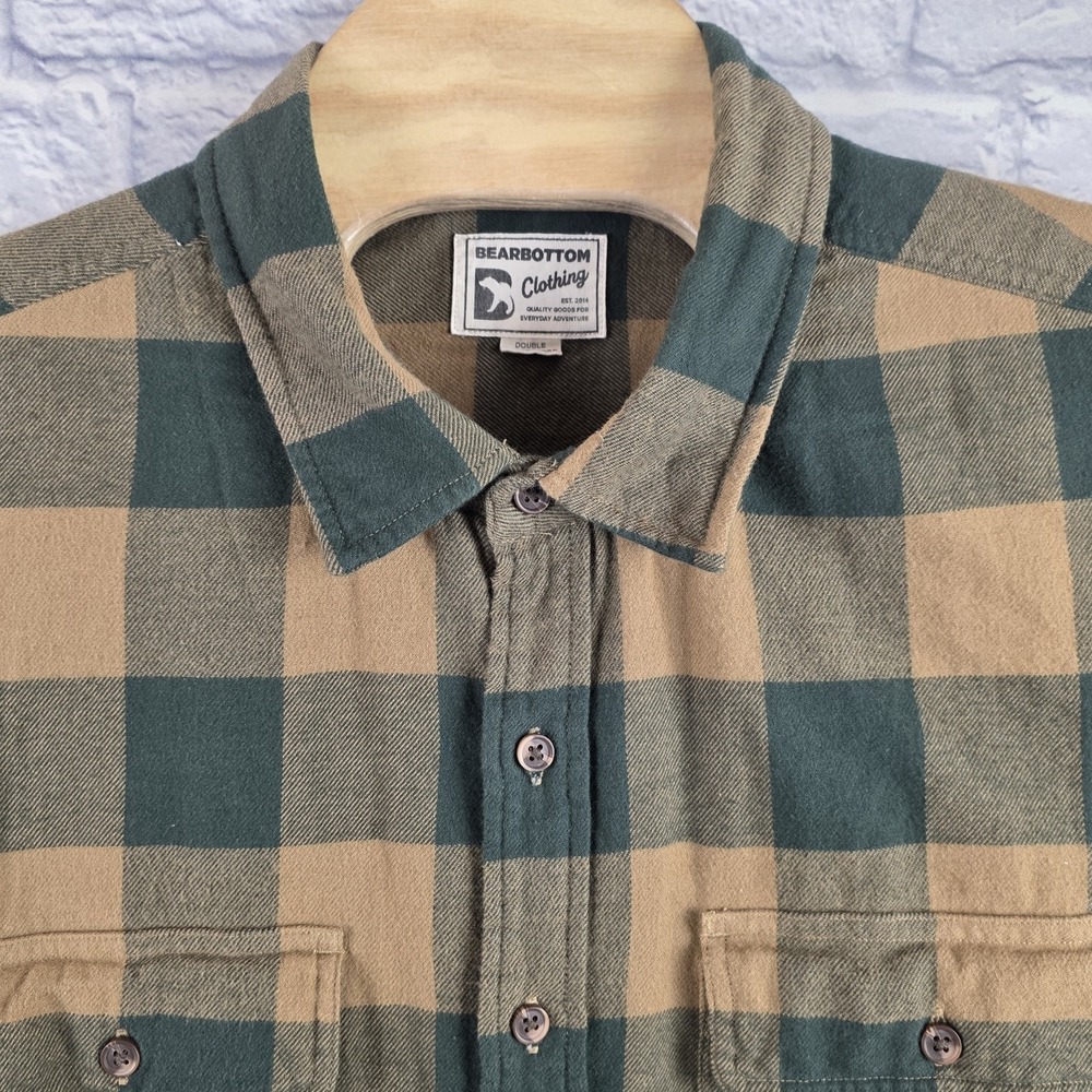 Bear Bottom Men Green Yellow Check Button Up‎ Flannel Shirt Long Sleeve Size 2XL